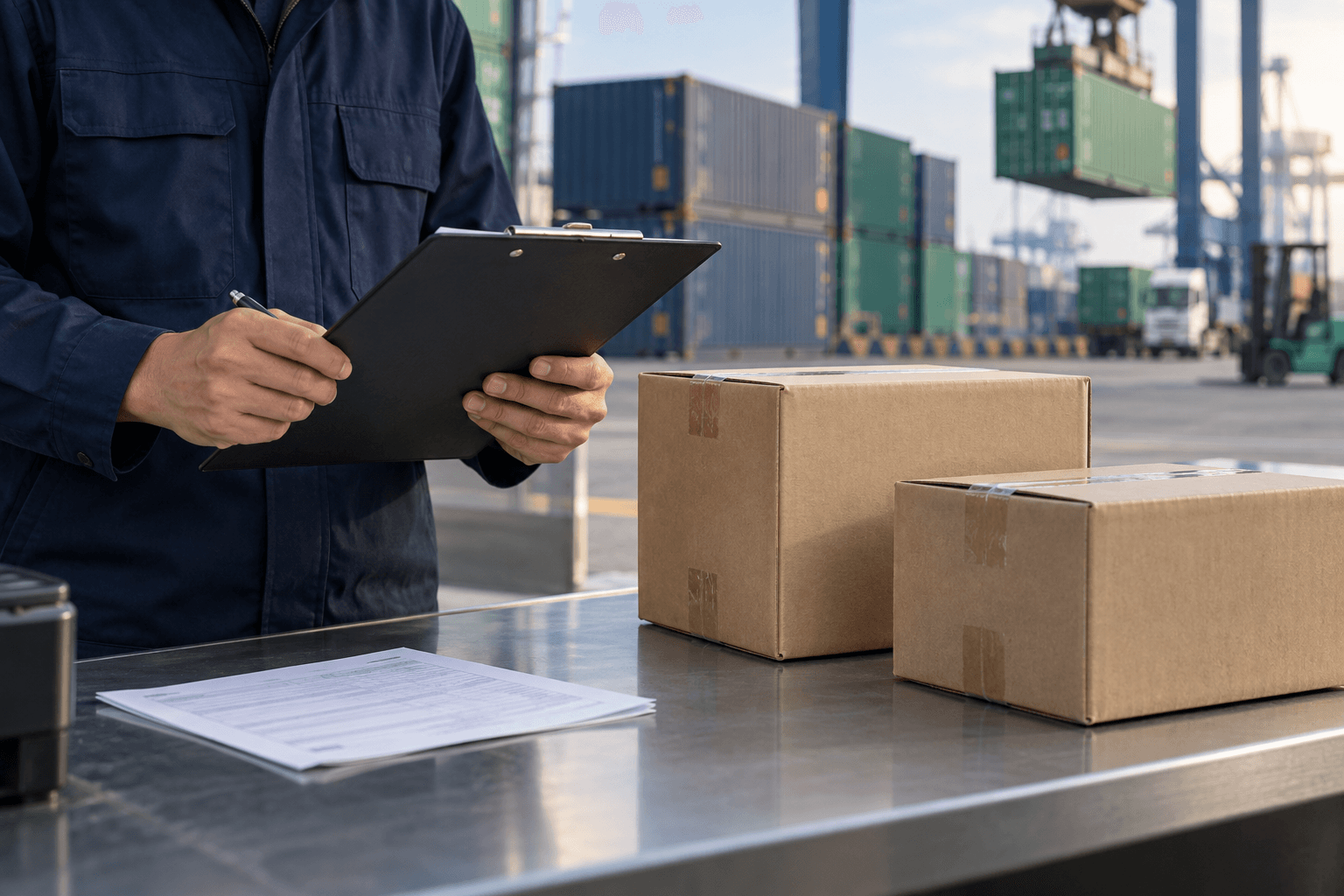 Shipment documentation being reviewed beside packed cartons