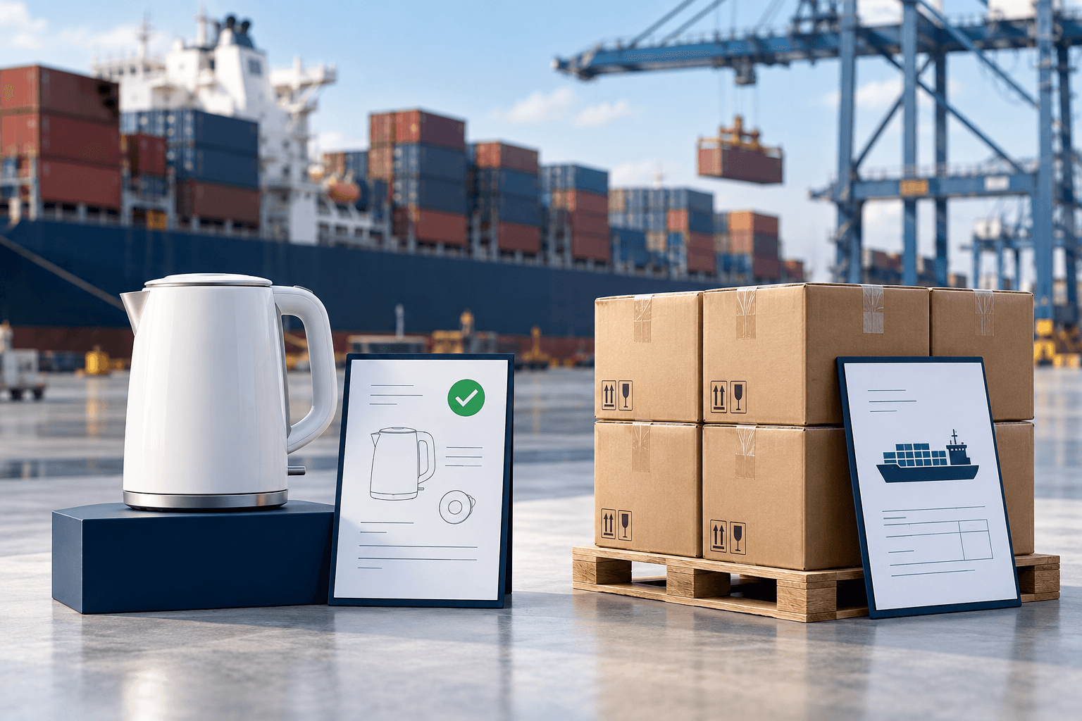 Conceptual illustration comparing a single product and its dossier with export cartons and shipment documents.