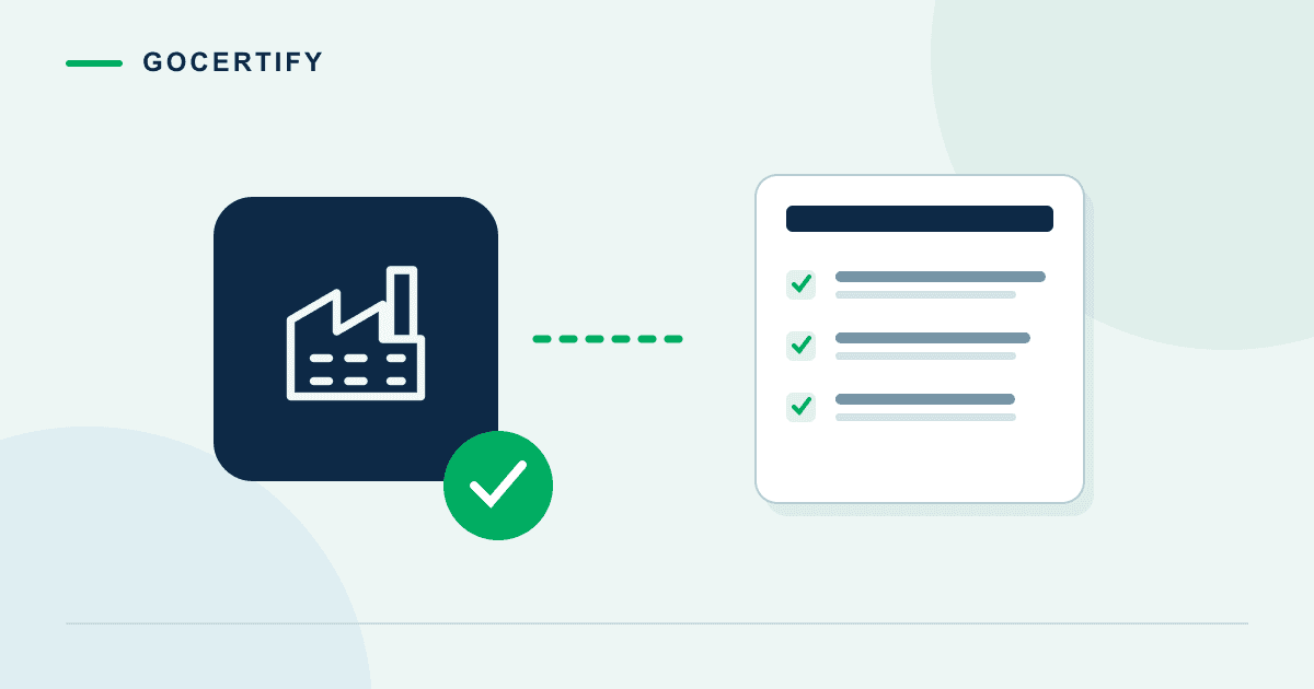 Illustration of a factory, product file and quality-record checklist.
