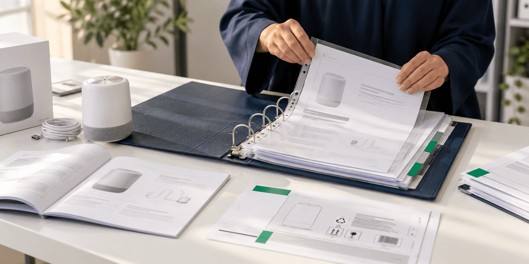 Illustration of technical documents, product instructions and labels being organized in a binder.