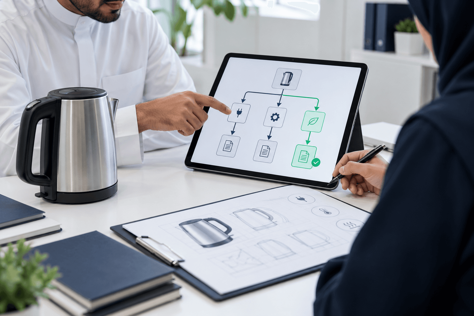 Illustration of professionals reviewing a product and a certification decision diagram.
