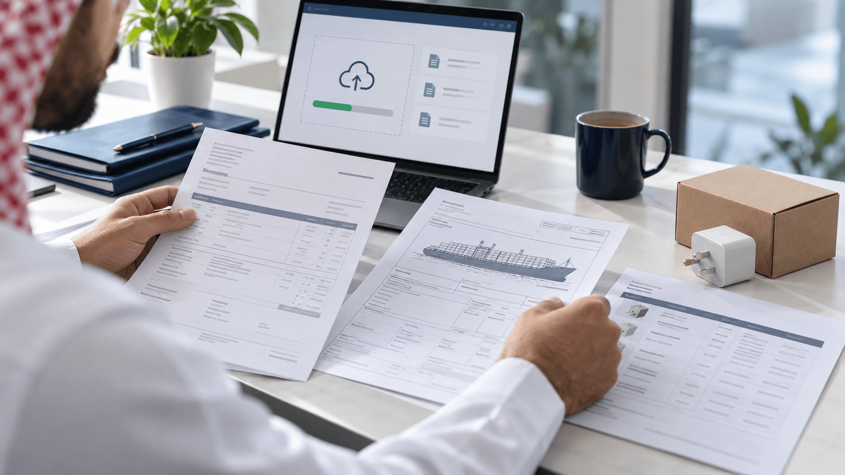 Illustration of a client gathering product and shipment documents for upload.