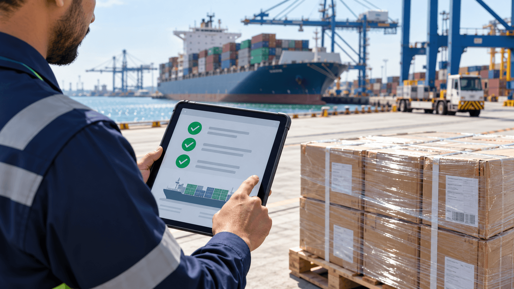 Illustration of a logistics professional checking shipment documentation beside export cartons at a port.