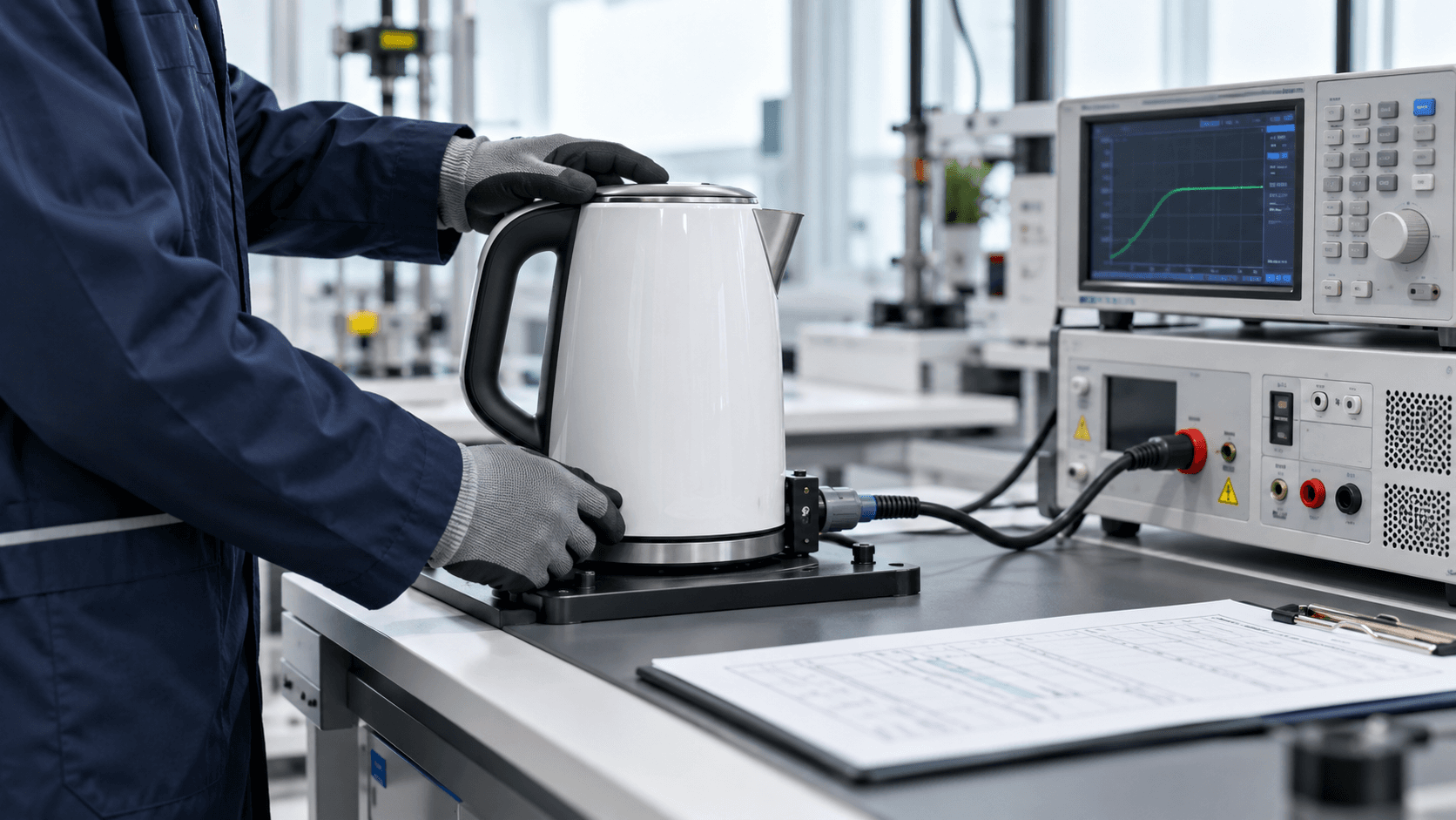 Illustration of a technician assessing an electrical appliance on a laboratory testing bench.